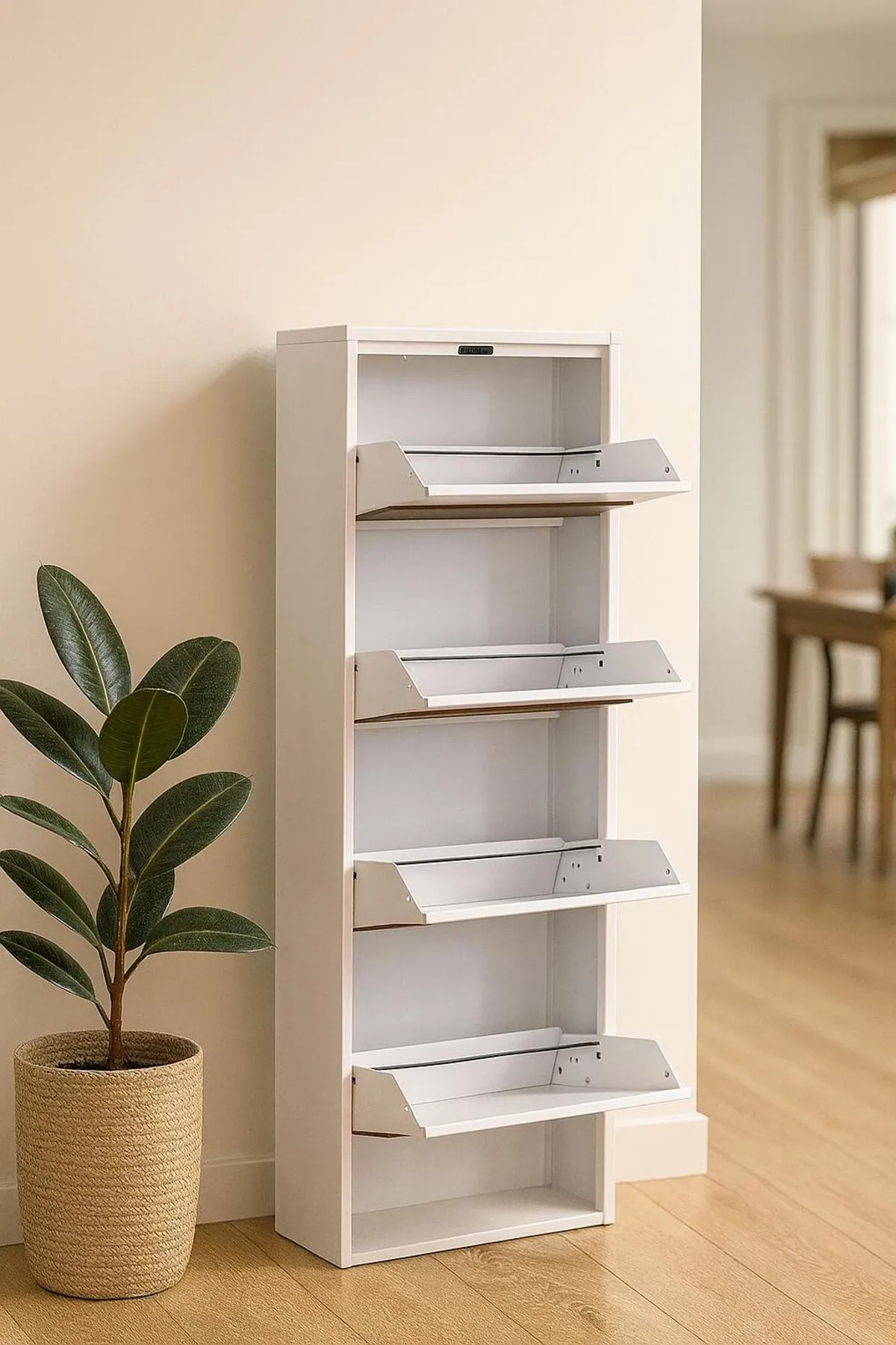 4-Door White Wood-Pattern Metal Shoe Cabinet – 8 Pairs, view 3