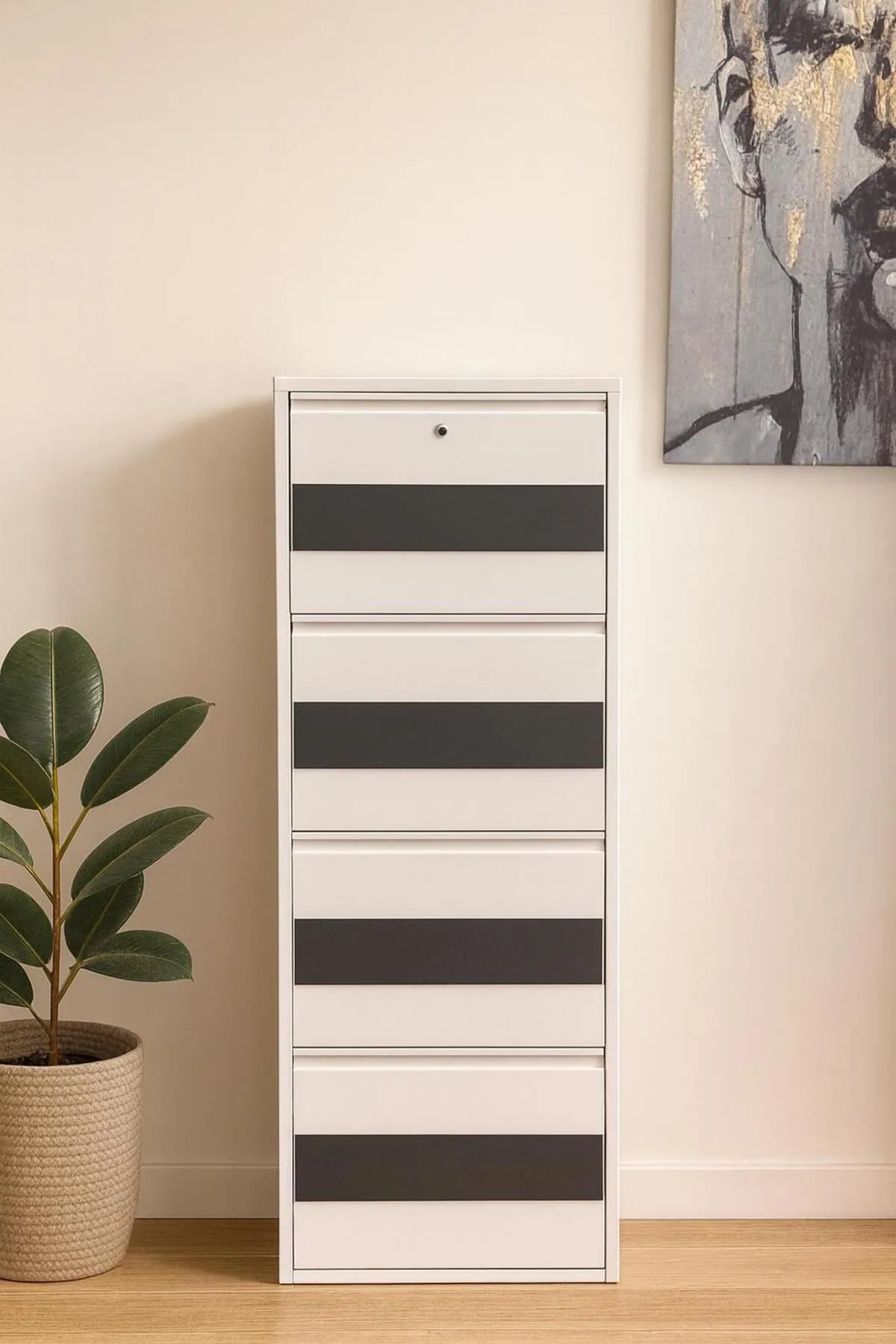 4-Door White Metal Shoe Cabinet with Black Pattern – 8 Pairs