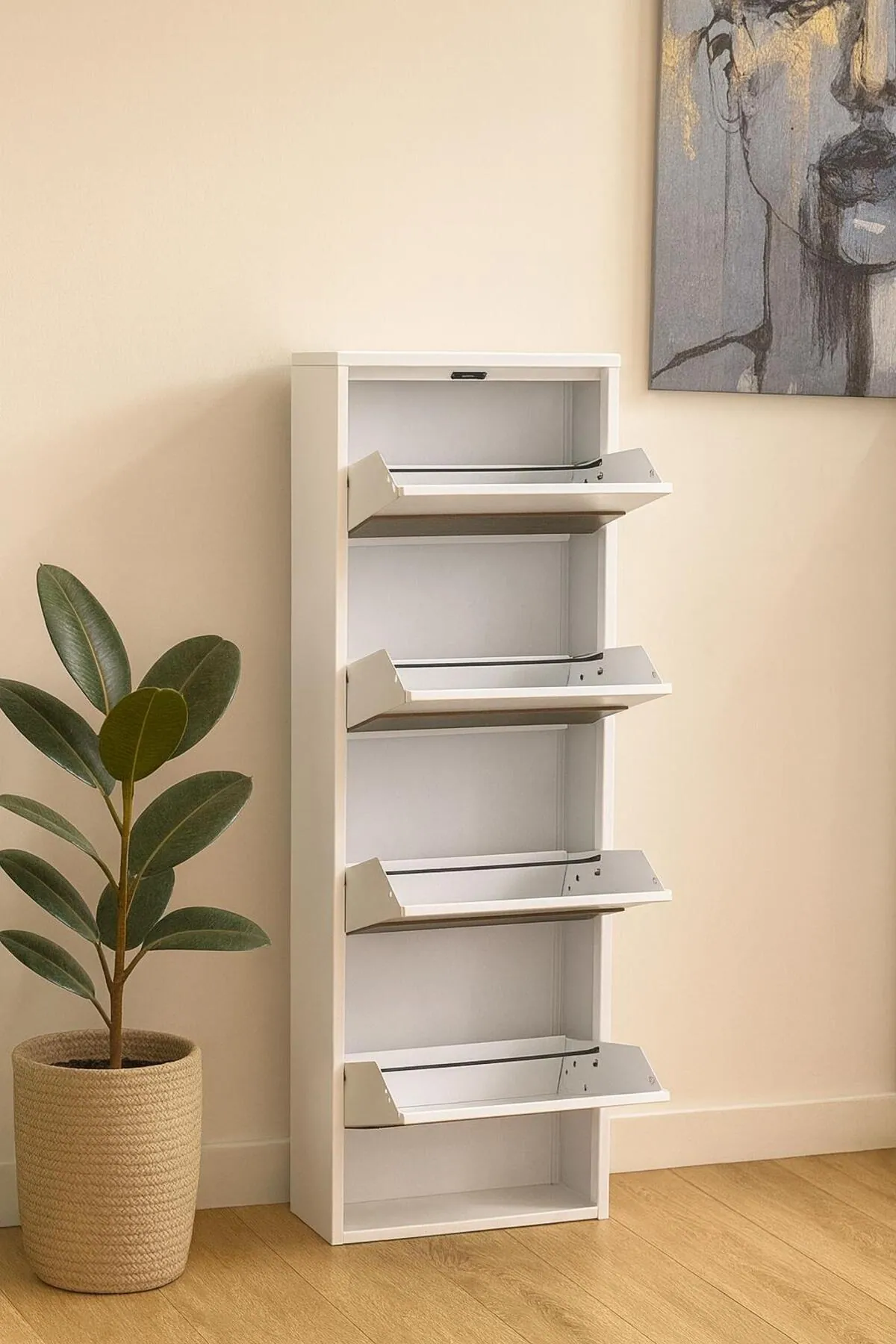 4-Door White Metal Shoe Cabinet with Black Pattern – 8 Pairs, view 3