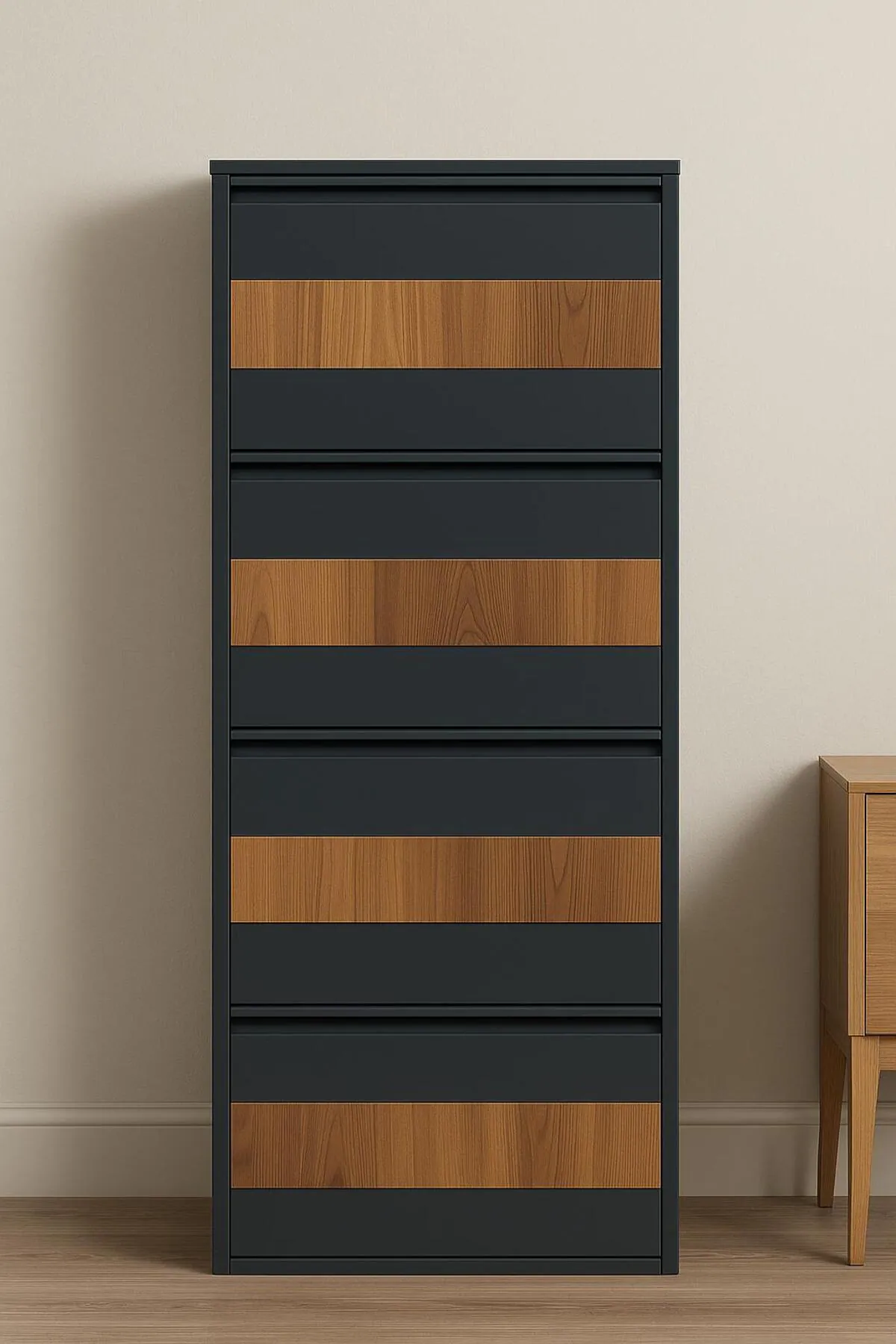4-Door Anthracite Metal Shoe Cabinet with Wood Detail – 8 Pairs, view 3