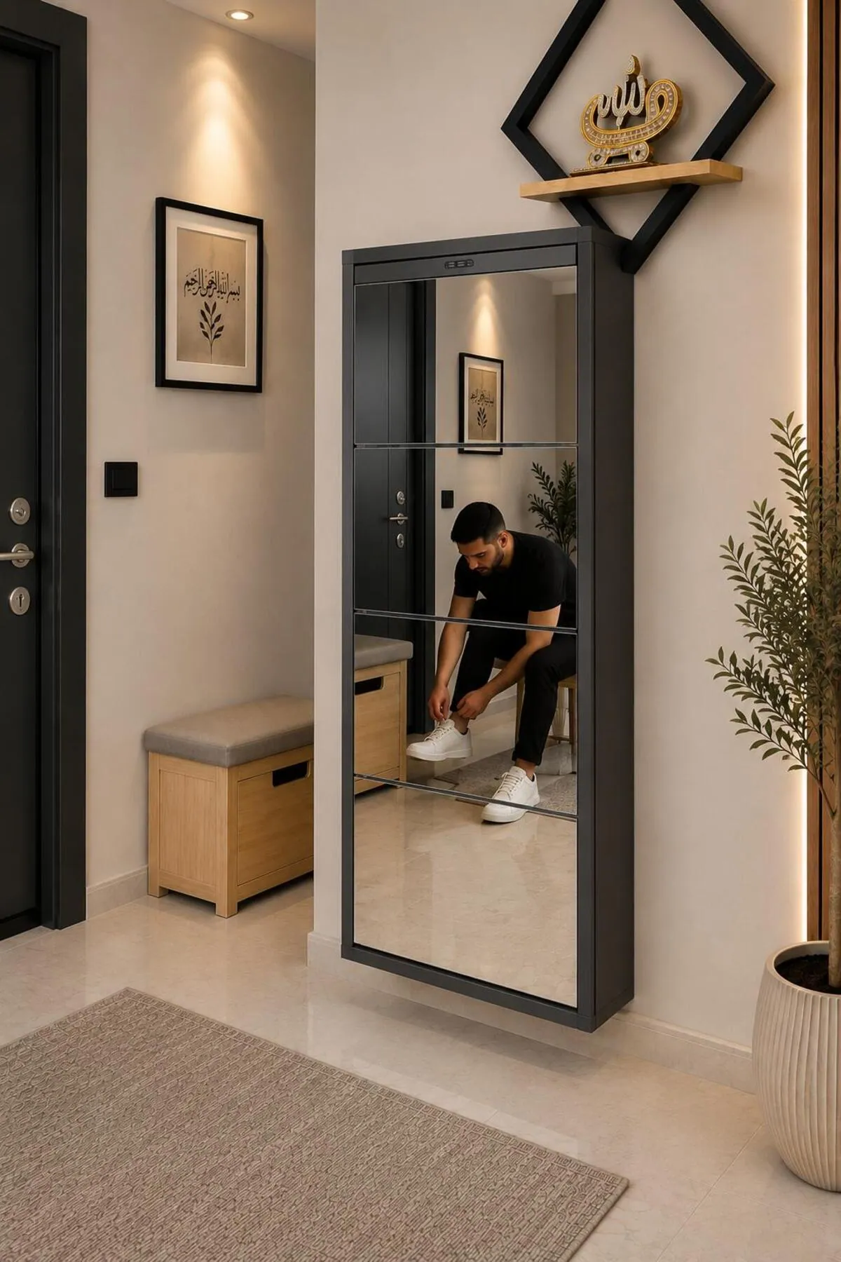 4 Kapaklı Antrasit Aynalı Metal Ayakkabılık – 8 Çift
