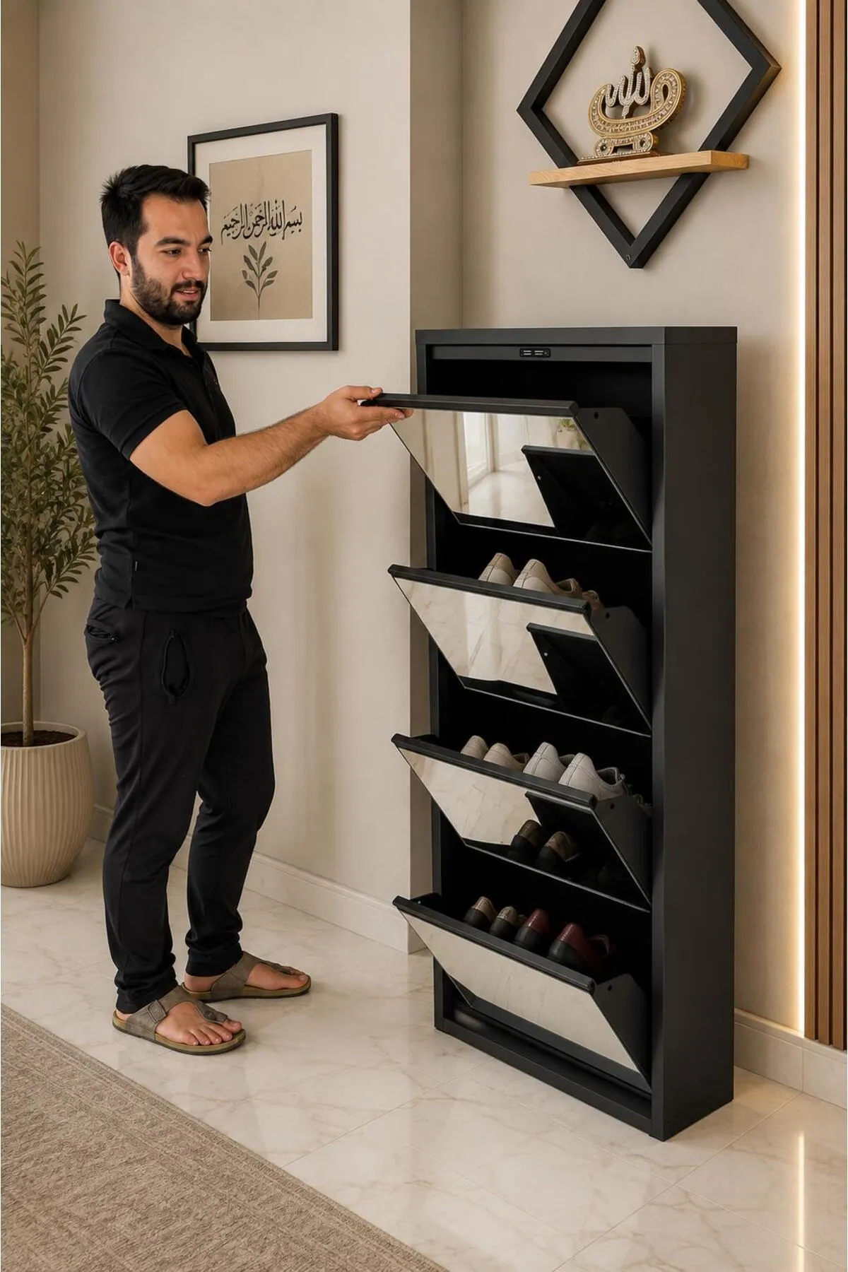 4-Door Anthracite Mirrored Metal Shoe Cabinet – 8 Pairs, view 3