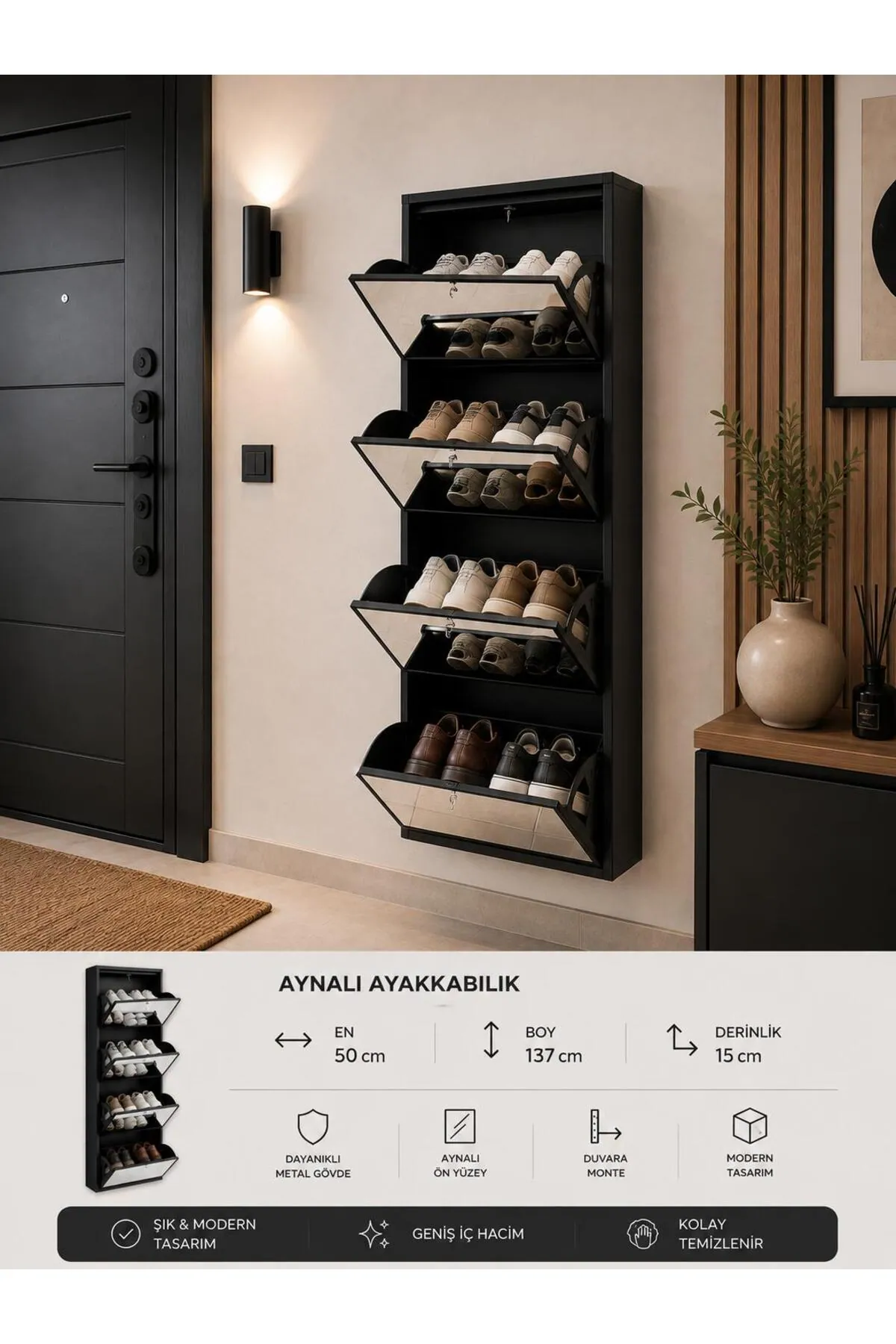 4-Door Anthracite Mirrored Metal Shoe Cabinet – 8 Pairs, view 4