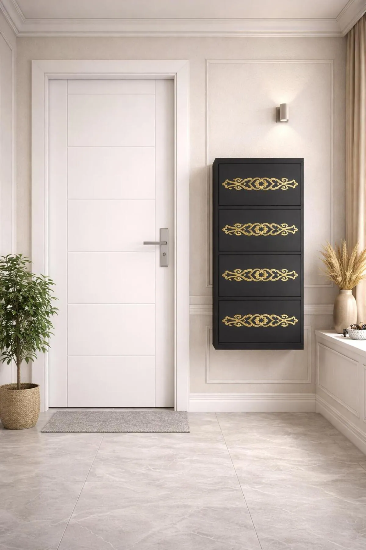 4 Kapaklı Antrasit Gold Desenli Metal Ayakkabılık – 8 Çift