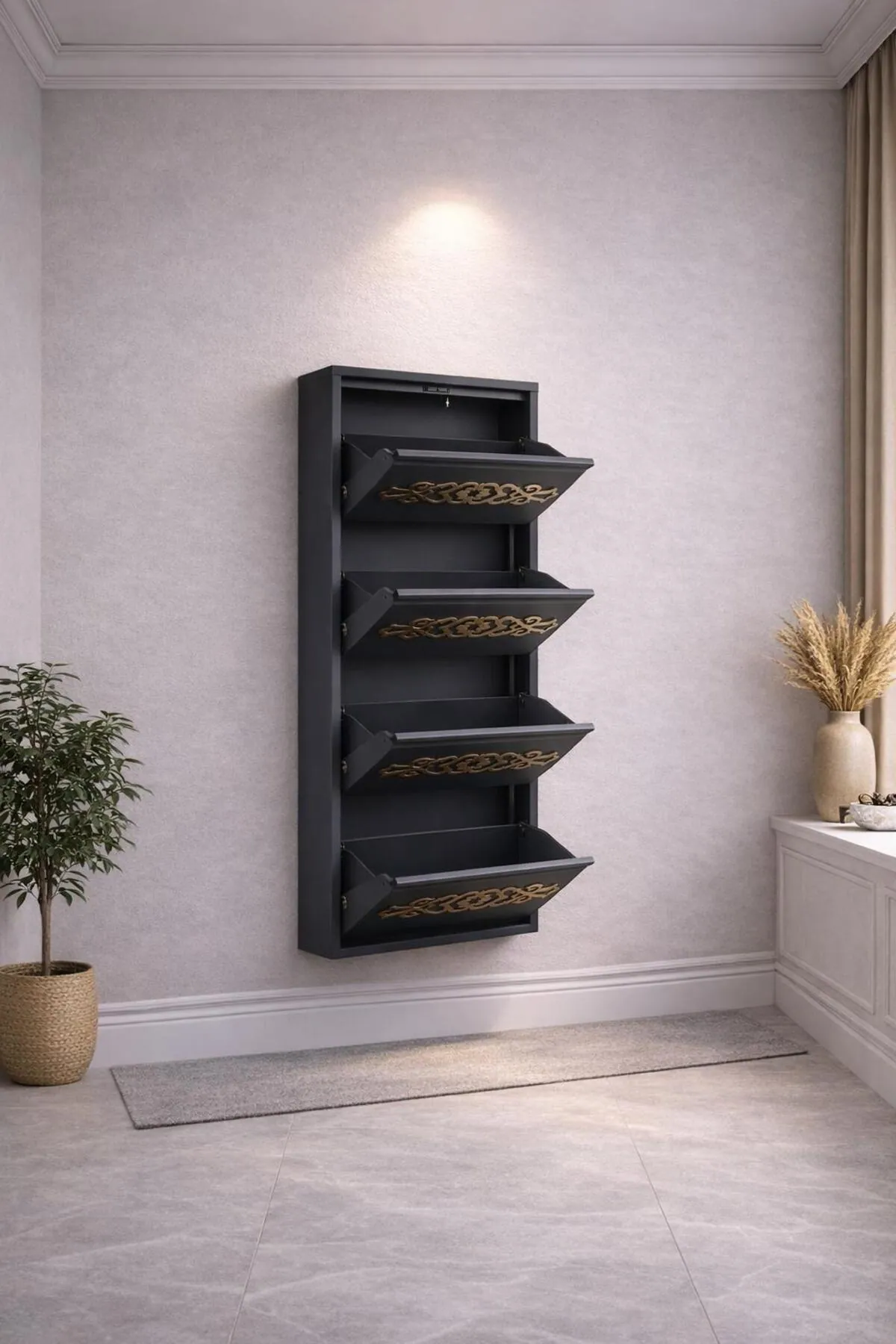 4-Door Anthracite Gold-Pattern Metal Shoe Cabinet – 8 Pairs, view 4