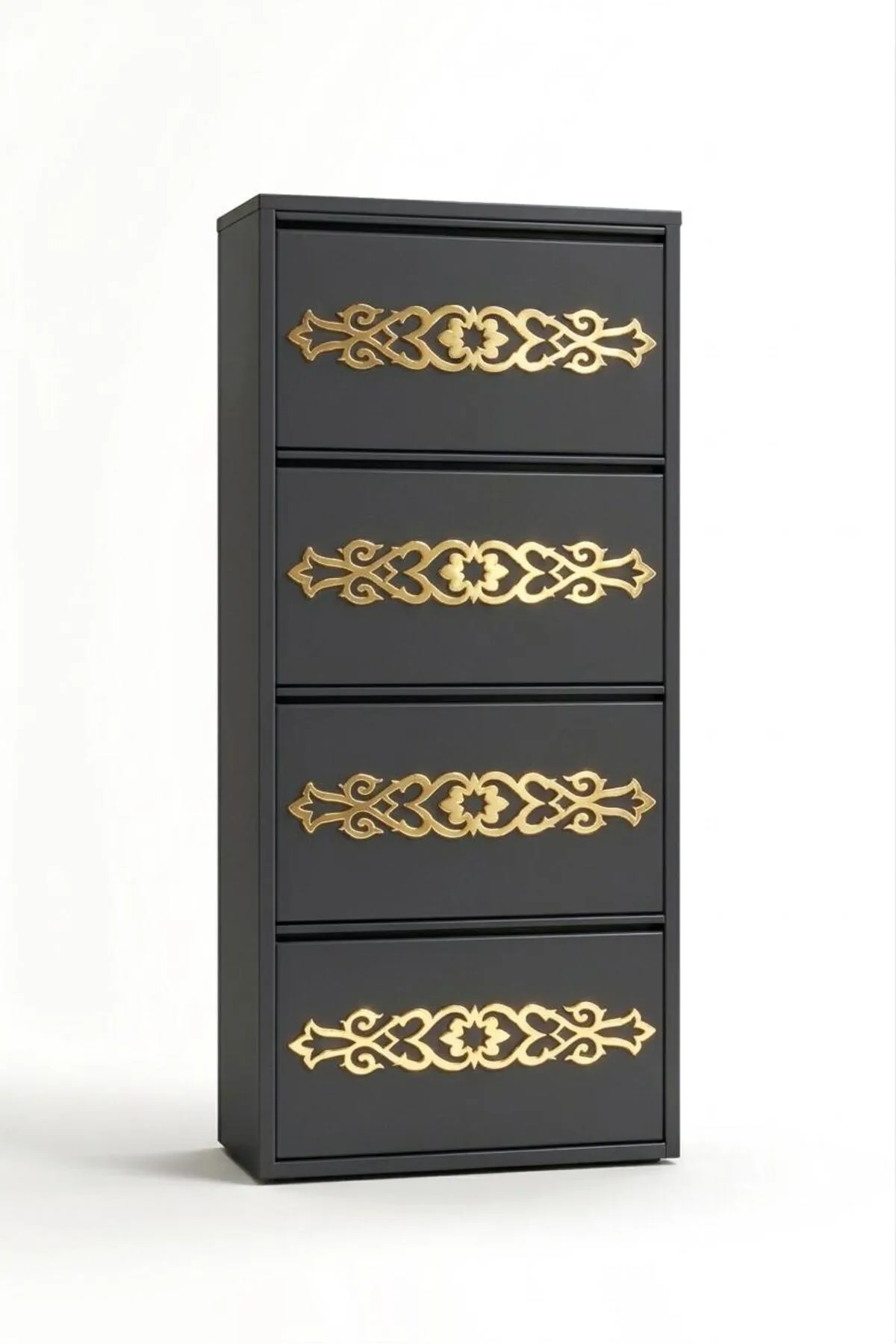 4 Kapaklı Antrasit Gold Desenli Metal Ayakkabılık – 8 Çift (Model 2)