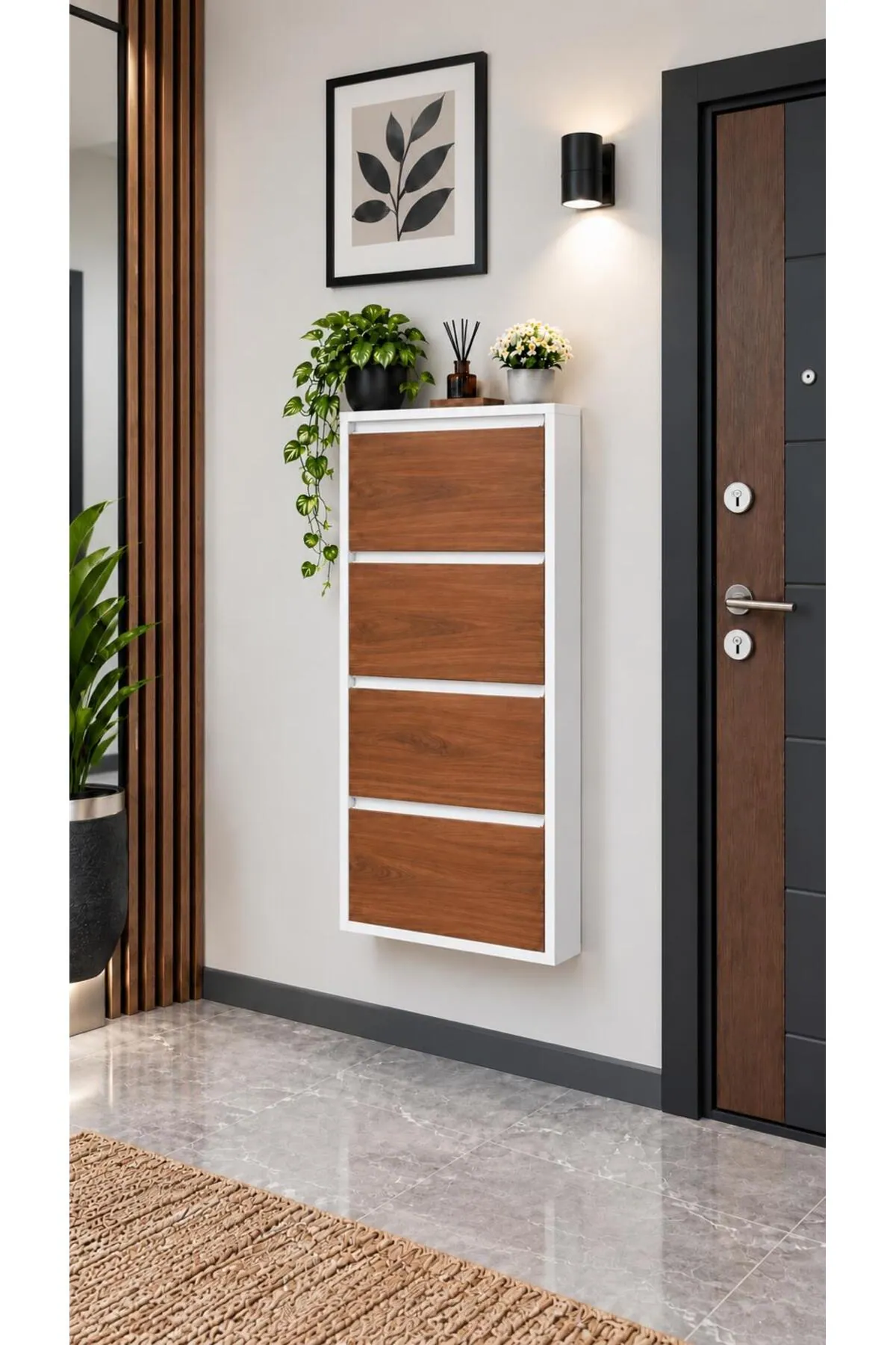 4 Kapaklı Beyaz Ahşap/Metal Kapaklı Metal Ayakkabılık – 8 Çift