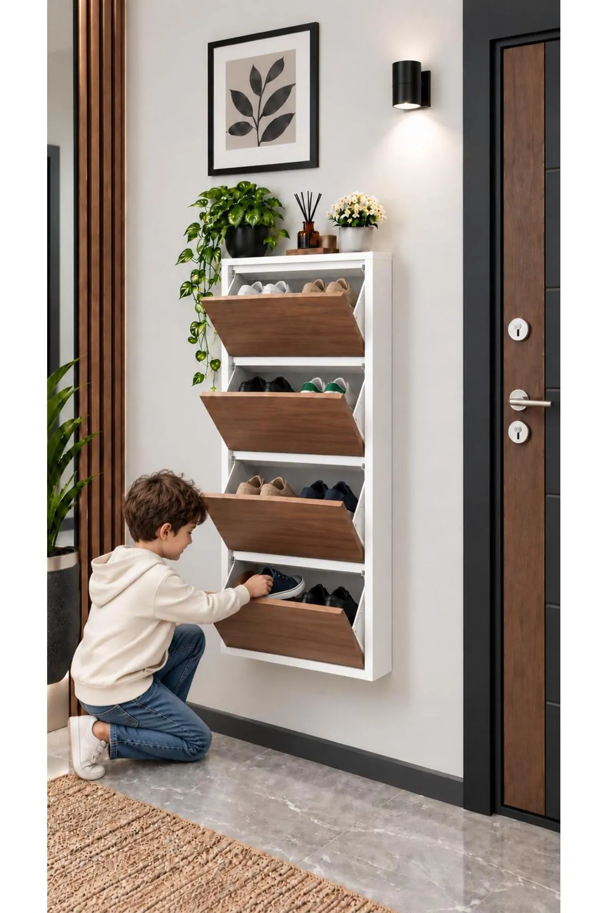 4-Door White Metal Shoe Cabinet with Wood-Effect and Metal Doors – 8 Pairs, view 3