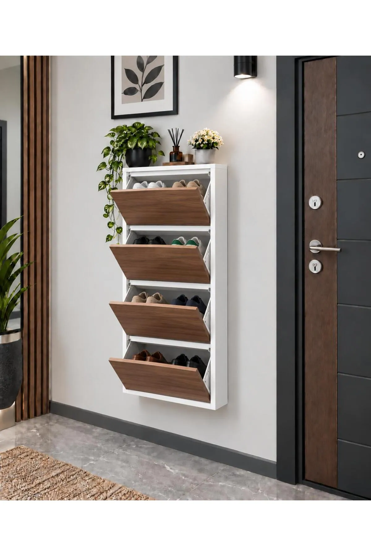 4-Door White Metal Shoe Cabinet with Wood-Effect and Metal Doors – 8 Pairs, view 5