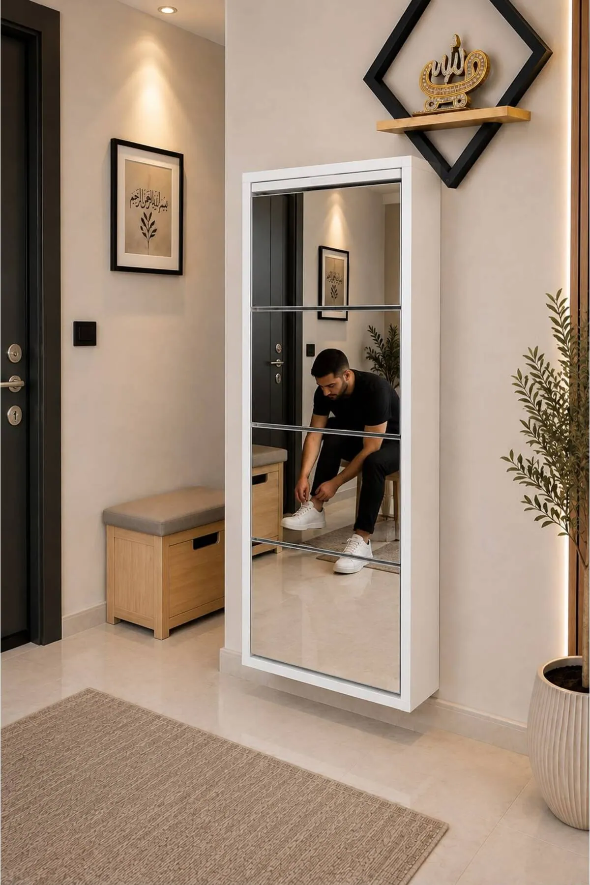 4 Kapaklı Beyaz Aynalı Metal Ayakkabılık – 8 Çift