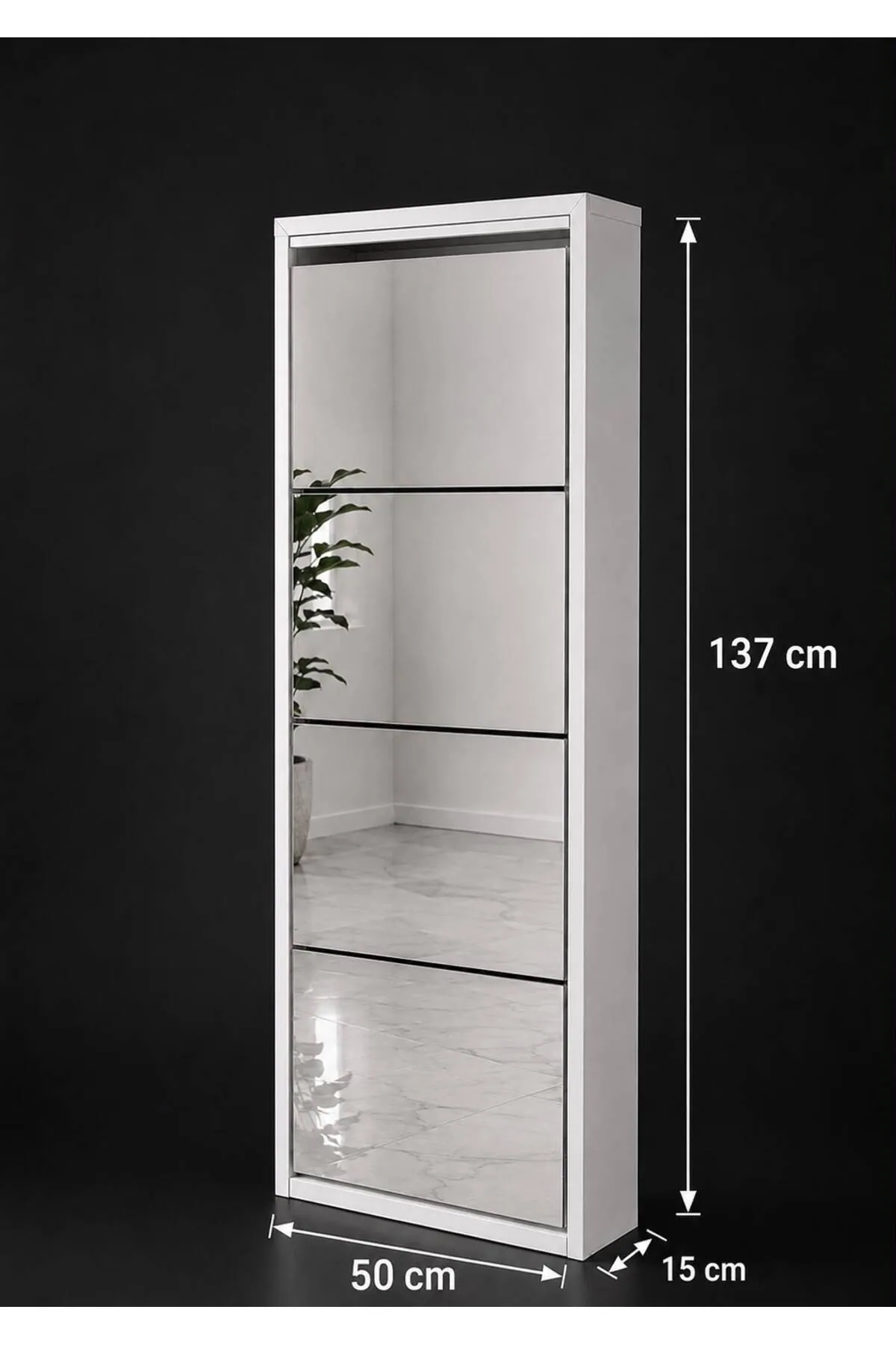 4-Door White Mirrored Metal Shoe Cabinet – 8 Pairs, view 4