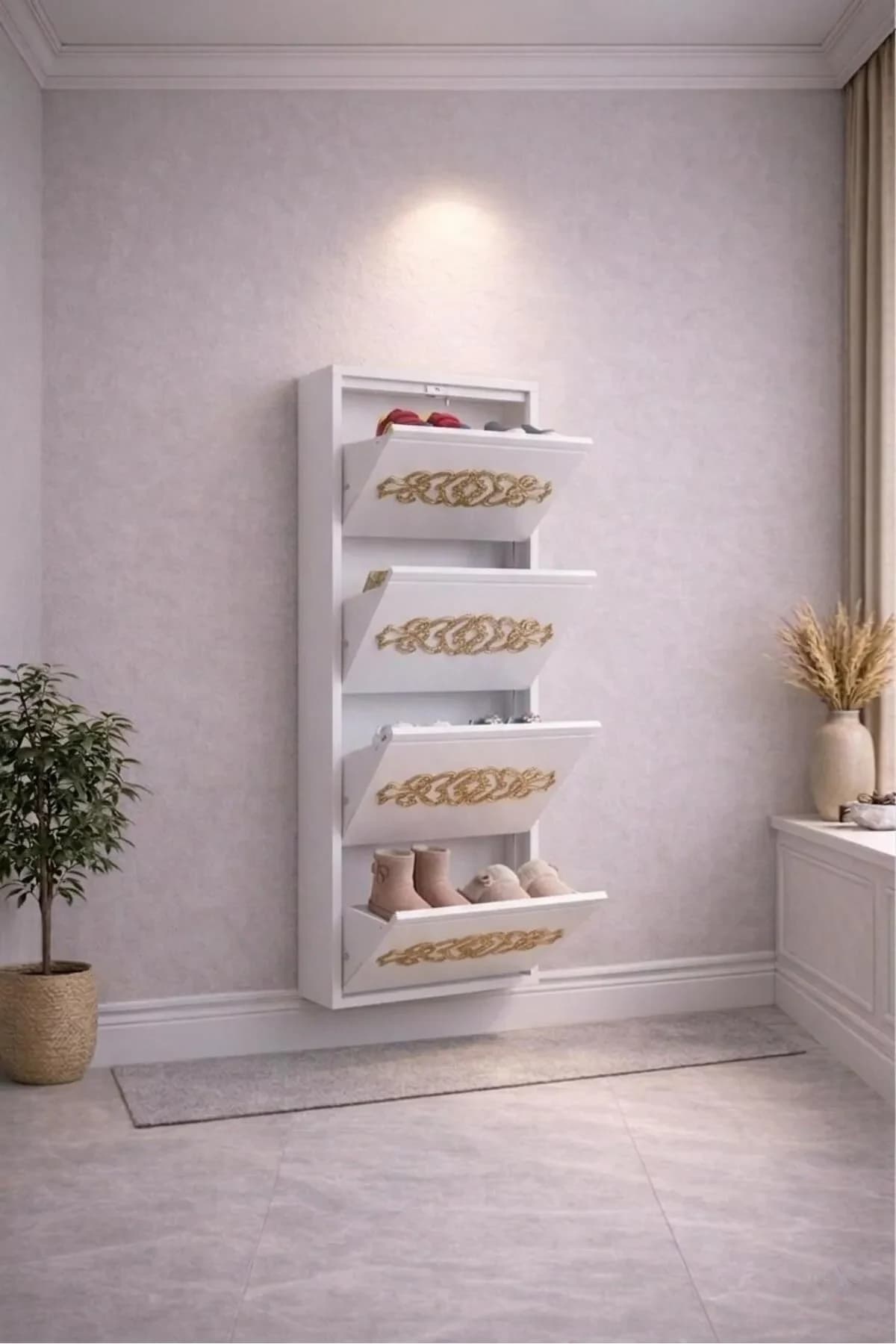 4-Door White Gold-Pattern Metal Shoe Cabinet – 8 Pairs, view 3