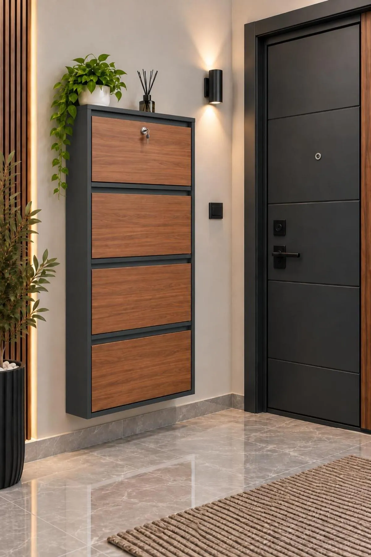 4-Door Lockable Metal Shoe Cabinet with Wood-Effect Doors – 8 Pairs