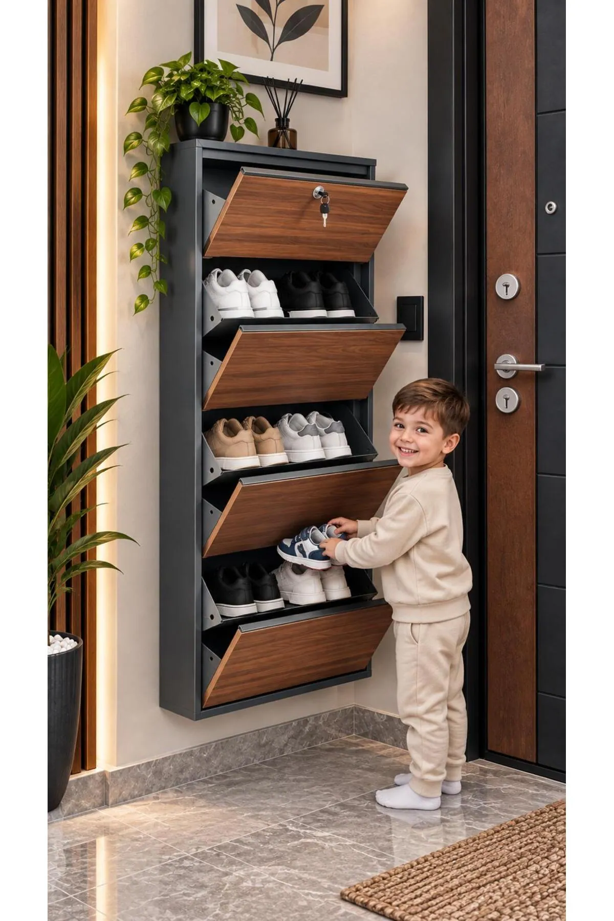 4-Door Lockable Metal Shoe Cabinet with Wood-Effect Doors – 8 Pairs, view 3