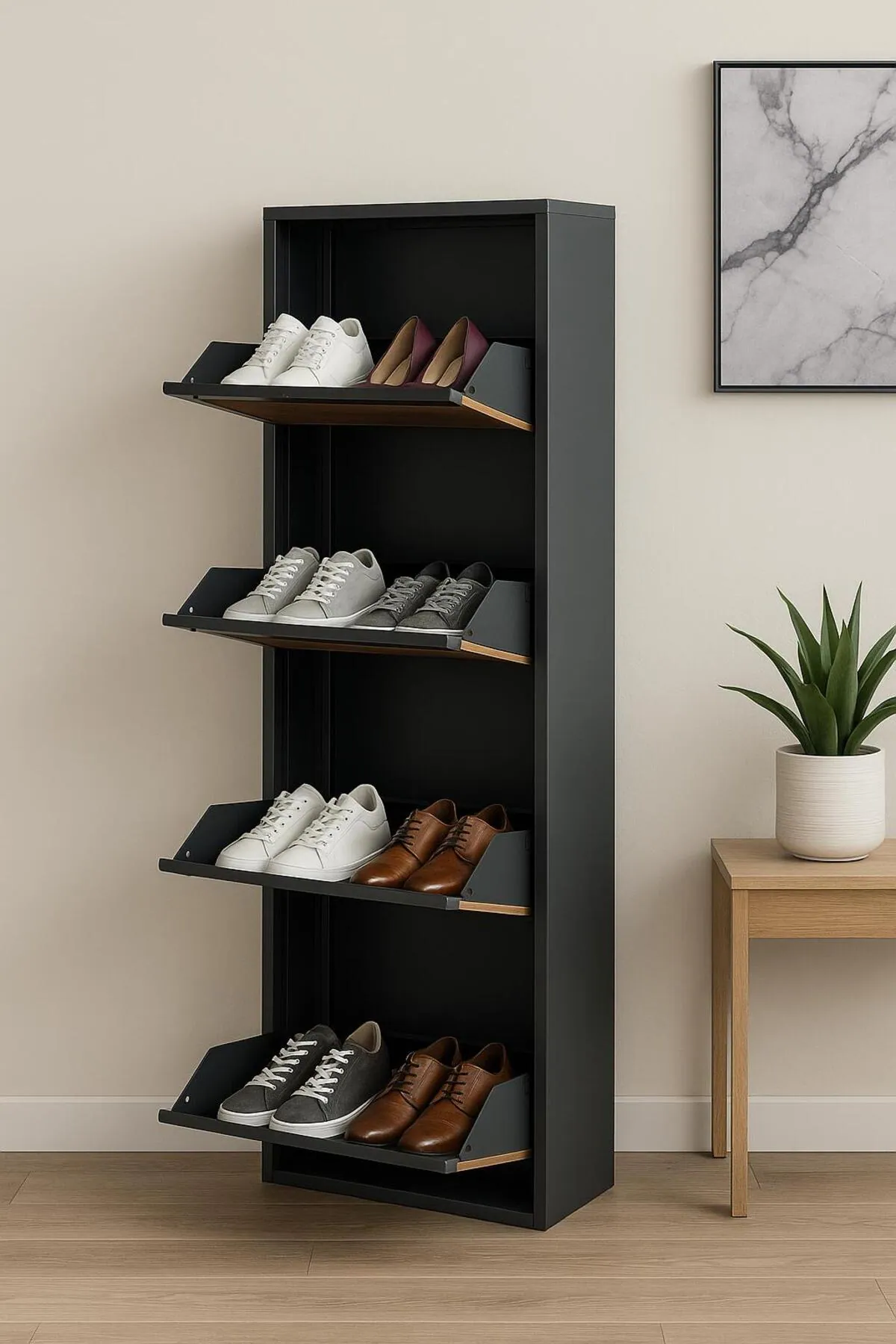4-Door Lockable Anthracite Metal Shoe Cabinet with Wood Detail – 8 Pairs, view 3
