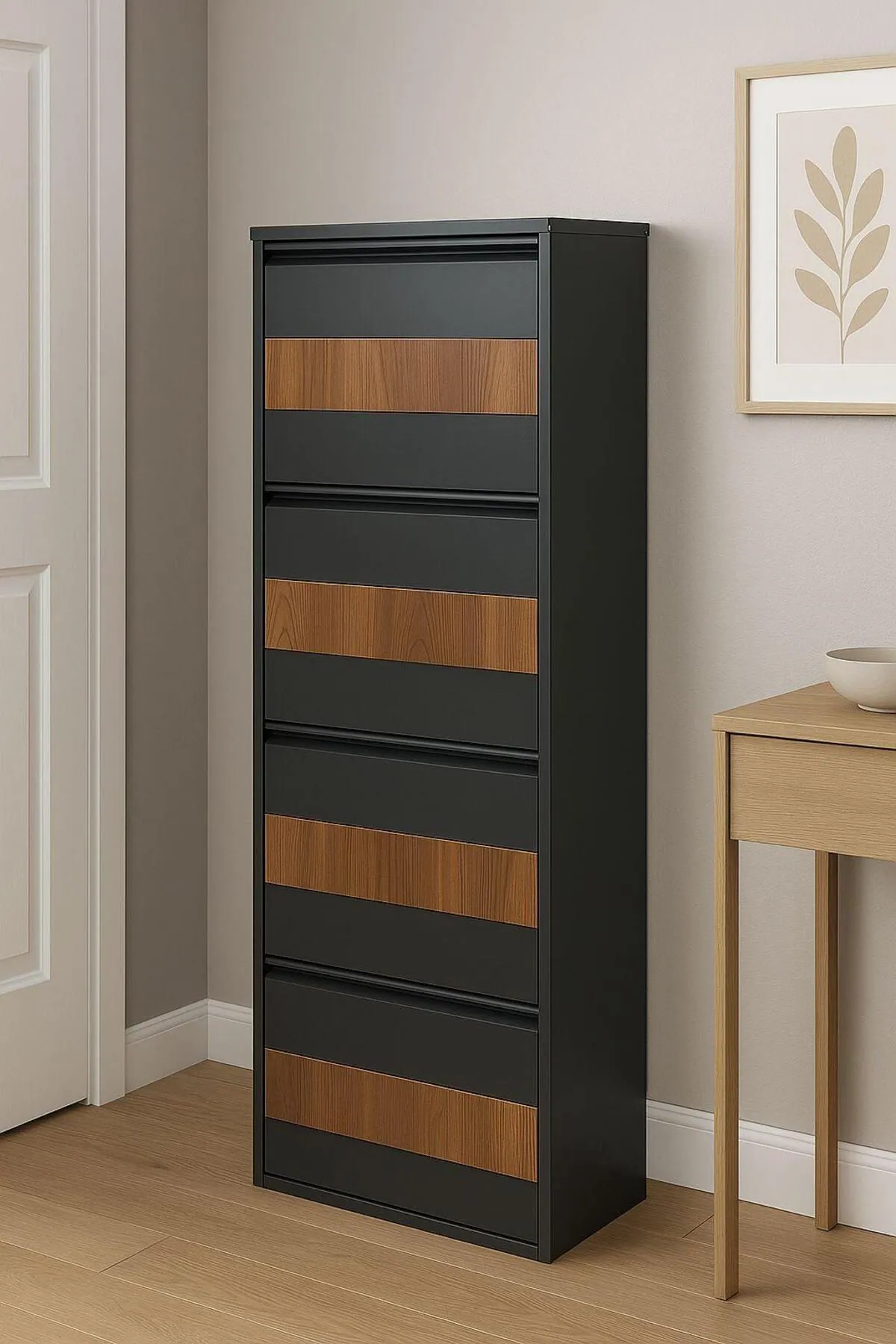 4-Door Lockable Anthracite Metal Shoe Cabinet with Wood Detail – 8 Pairs, view 4