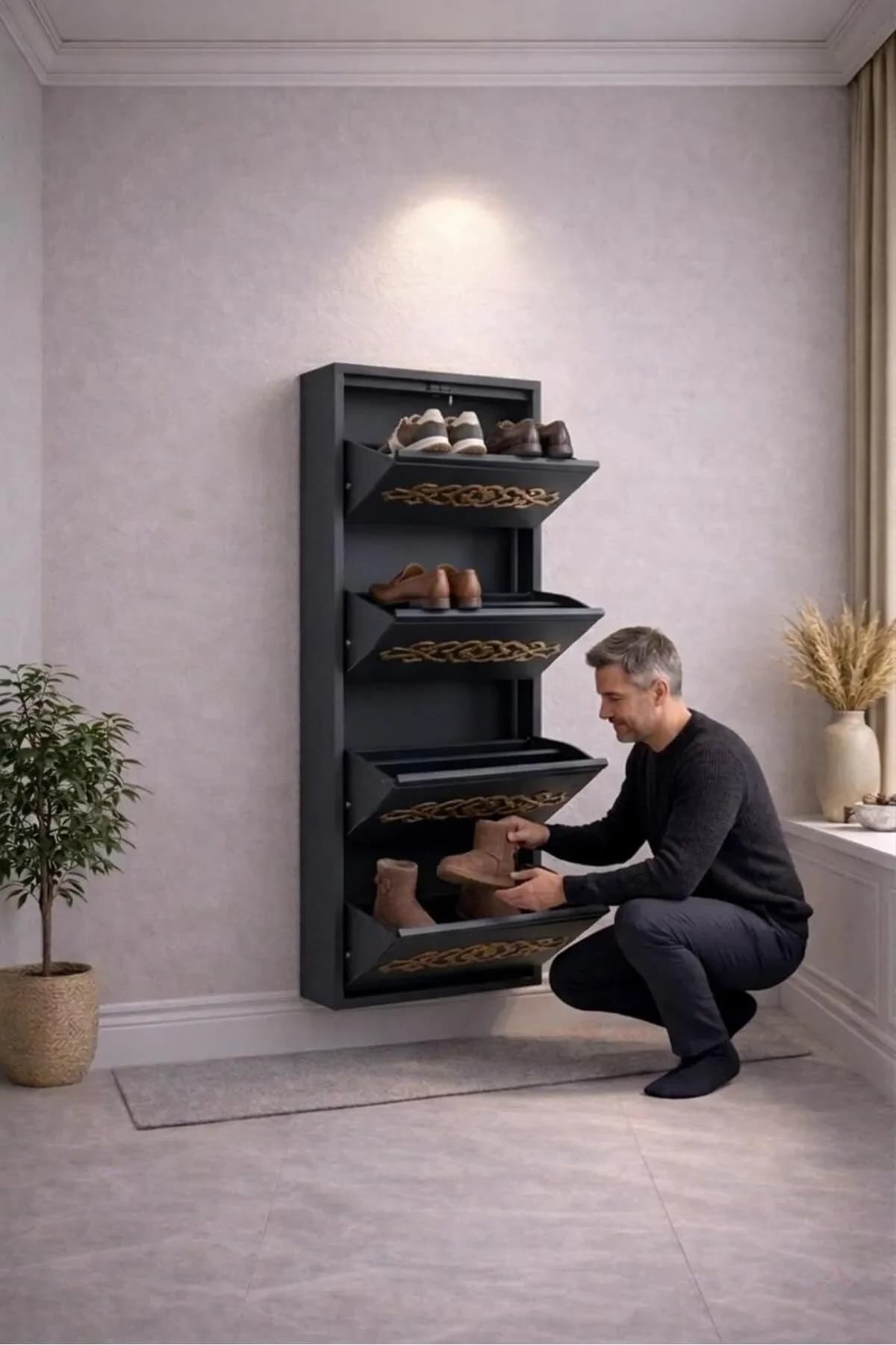 4-Door Lockable Anthracite Gold-Pattern Metal Shoe Cabinet – 8 Pairs, view 3