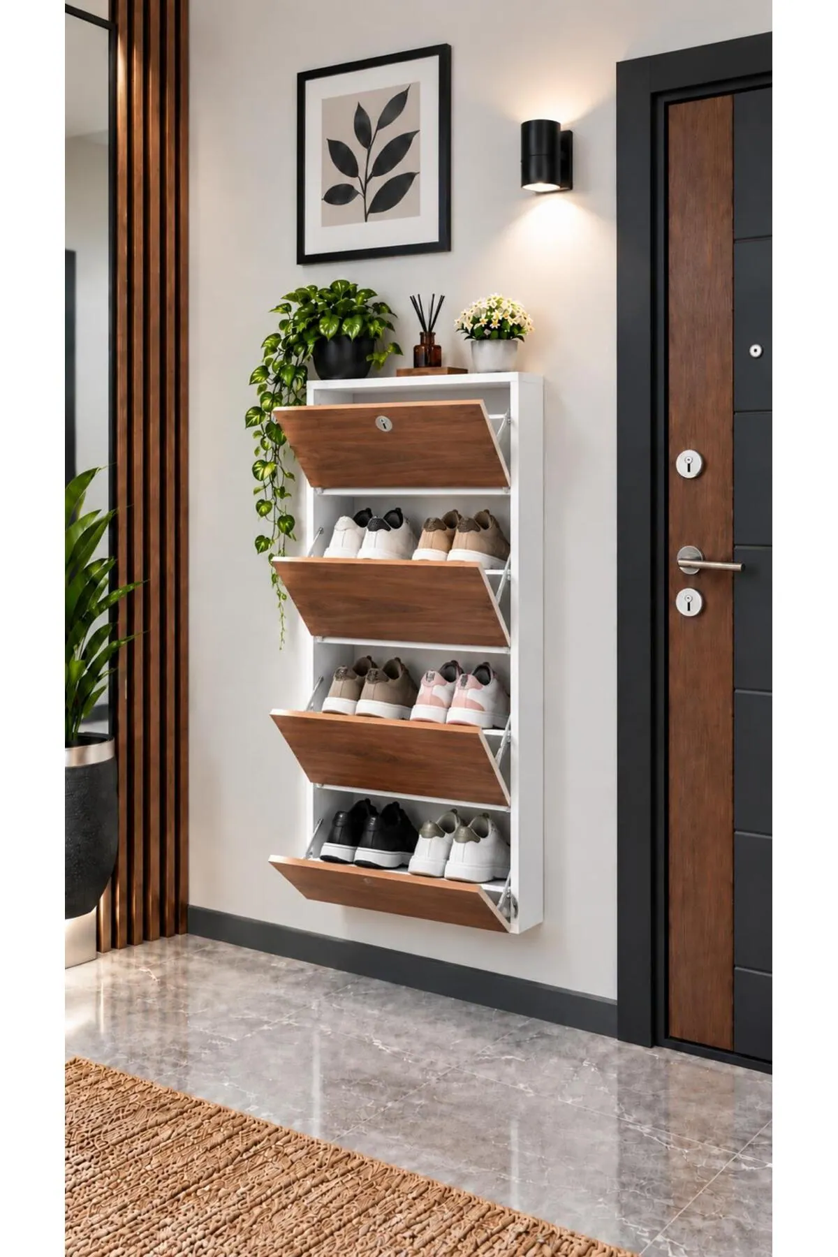 4-Door Lockable White Metal Shoe Cabinet with Wood-Effect and Metal Doors – 8 Pairs, view 3