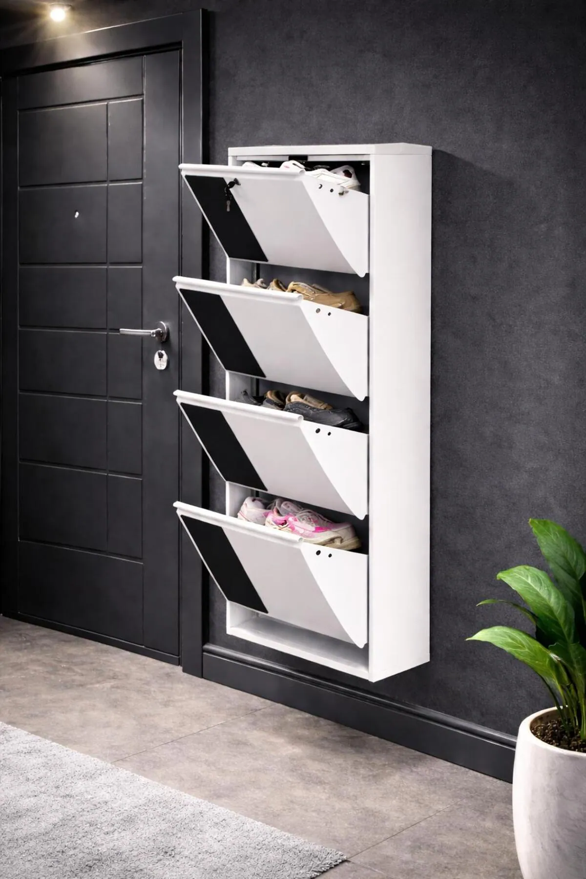 4-Door Lockable White Patterned Metal Shoe Cabinet – 8 Pairs, view 2