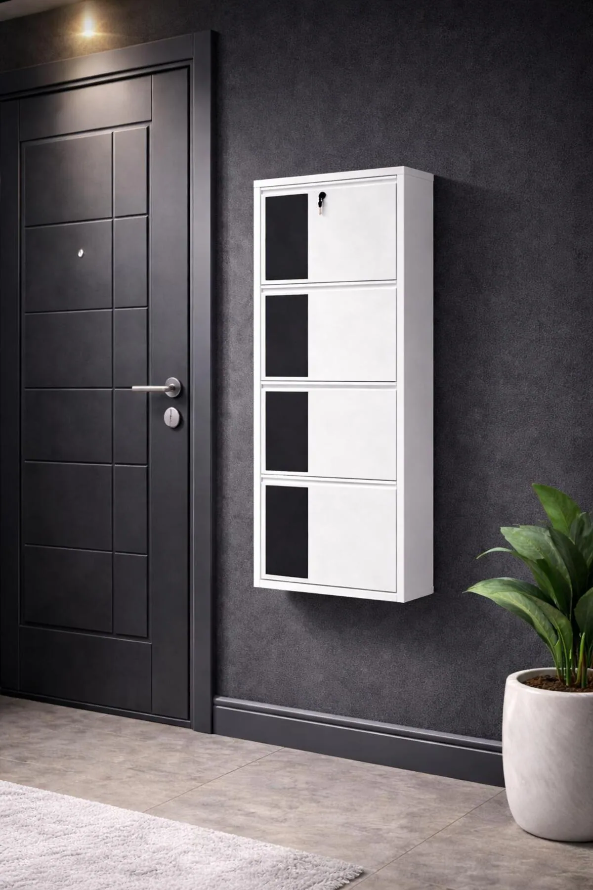 4 Kapaklı Kilitli Beyaz Desenli Metal Ayakkabılık – 8 Çift (Model 2)