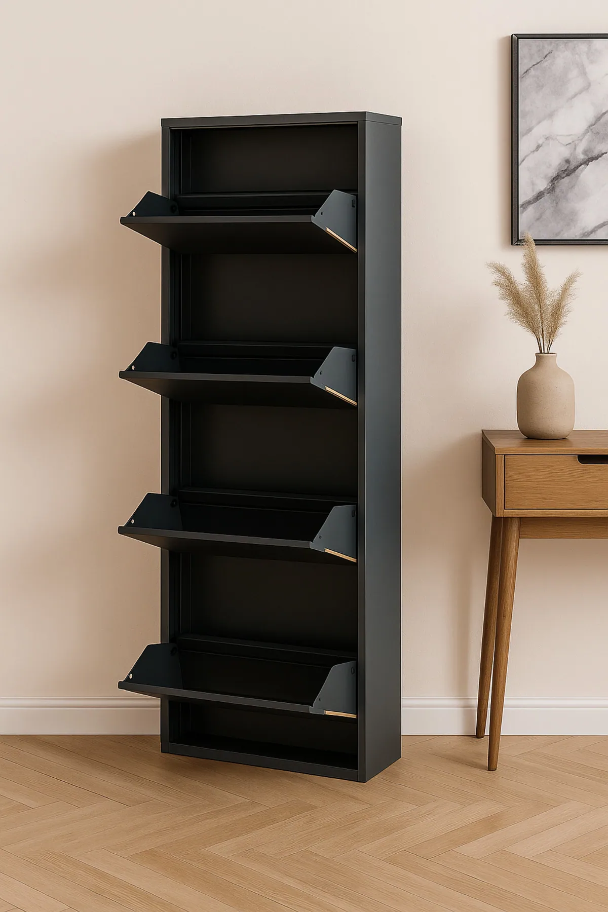 4-Door Lockable Black Wood-Pattern Metal Shoe Cabinet – 8 Pairs, view 3