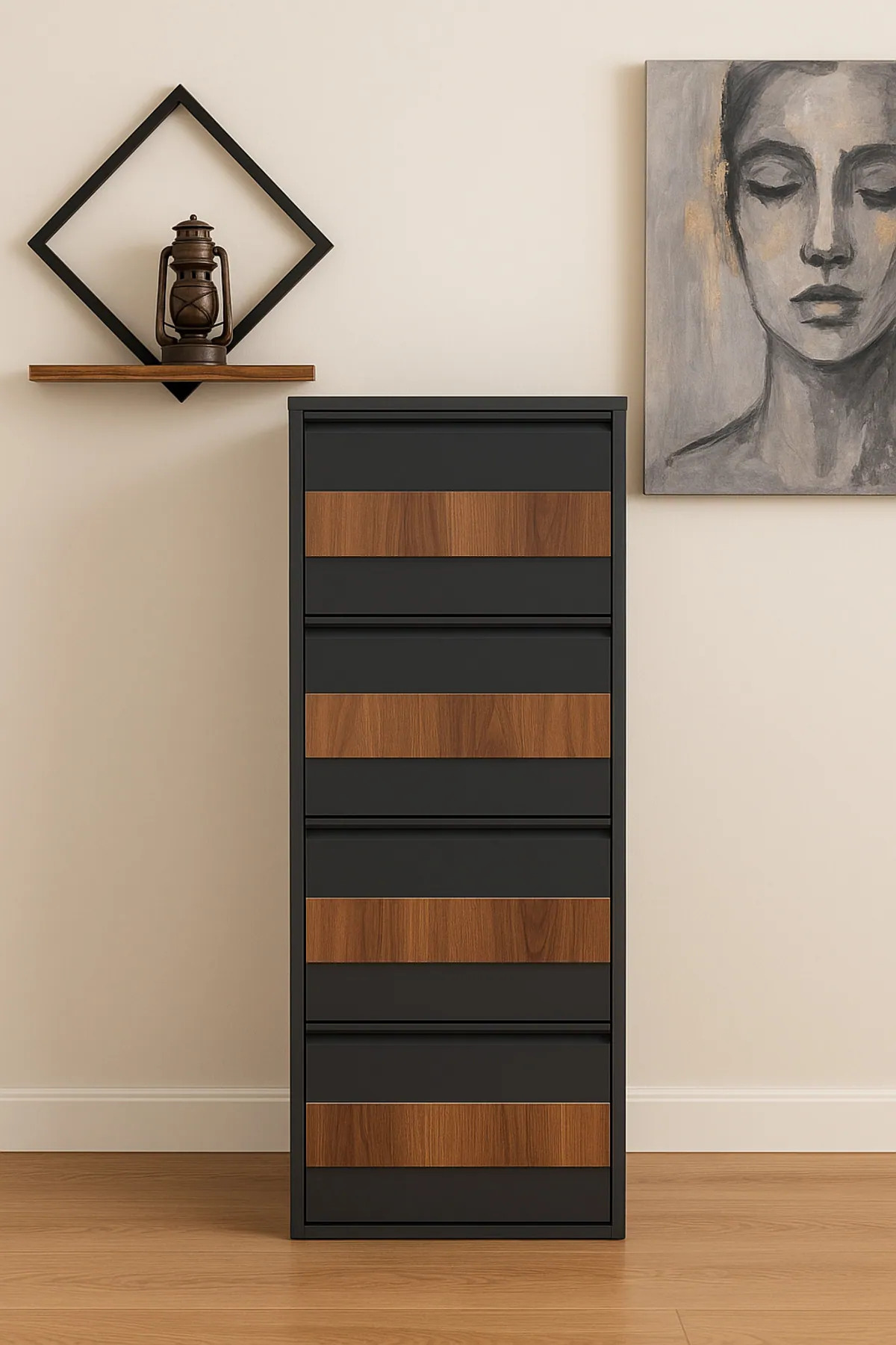 4-Door Lockable Black Wood-Pattern Metal Shoe Cabinet – 8 Pairs, view 4