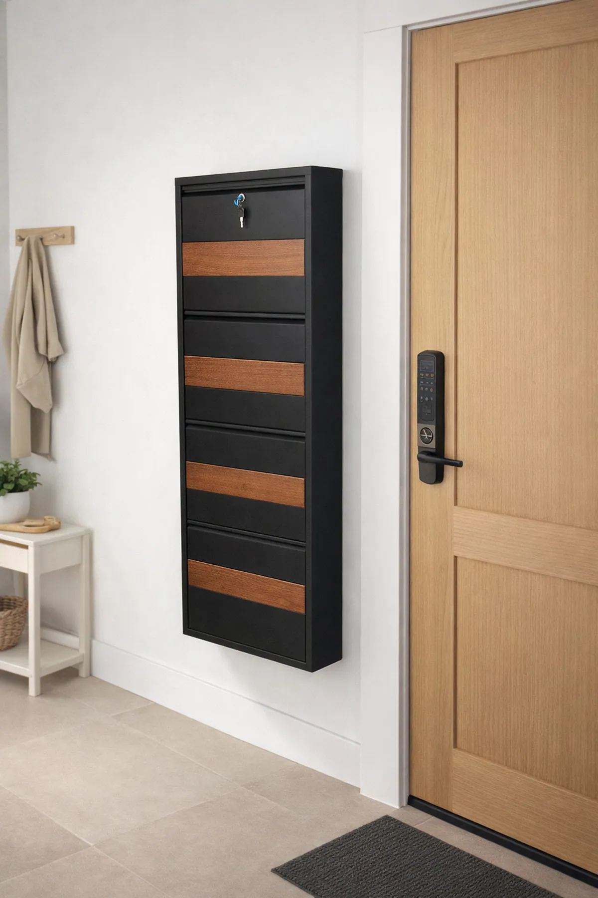 4 Kapaklı Kilitli Siyah Desenli Metal Ayakkabılık – 8 Çift