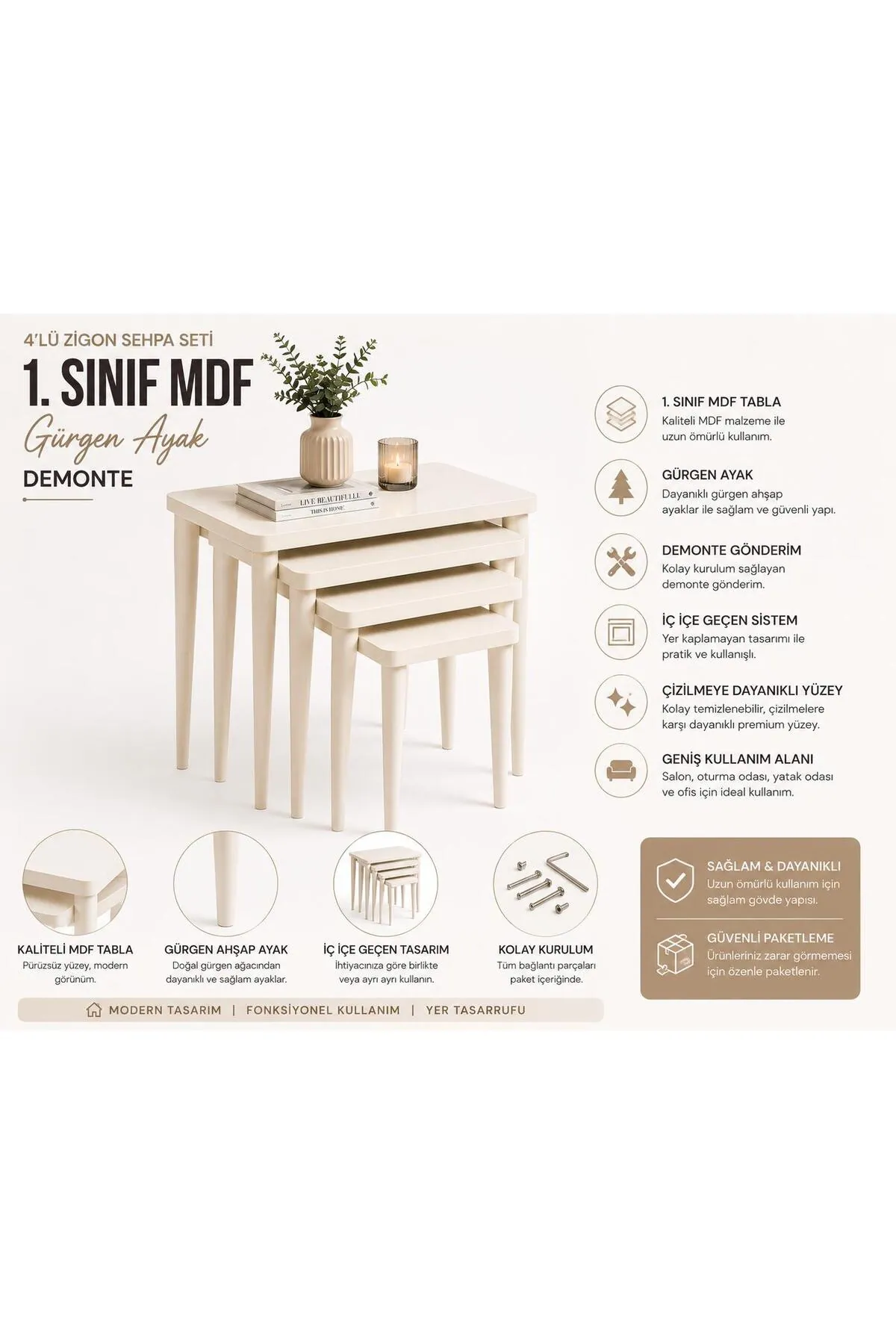 4'lü Krem MDF Zigon Sehpa Ceviz Ayaklı