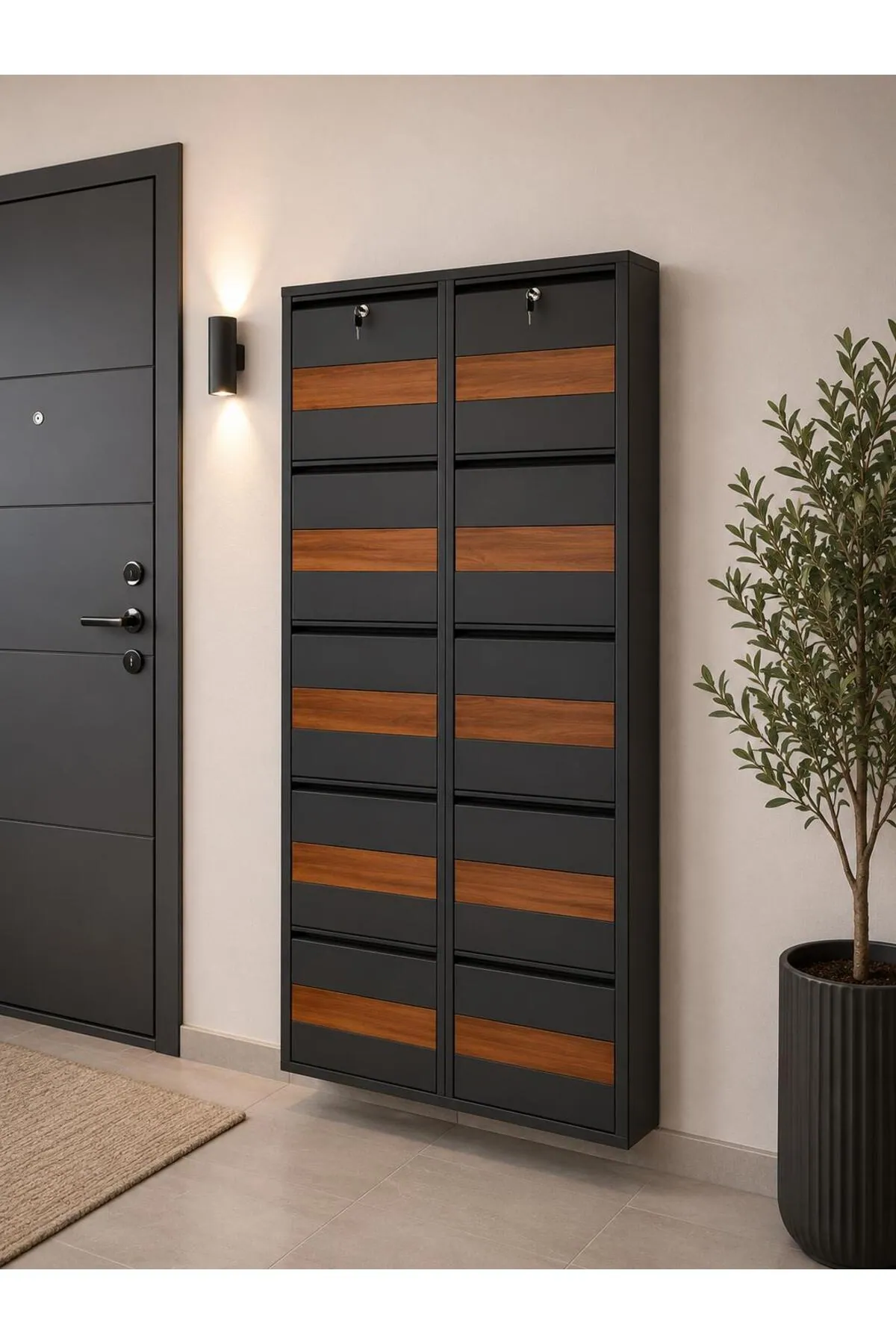 5+5 Kapaklı Kilitli Antrasit Desenli Metal Ayakkabılık – 20 Çift