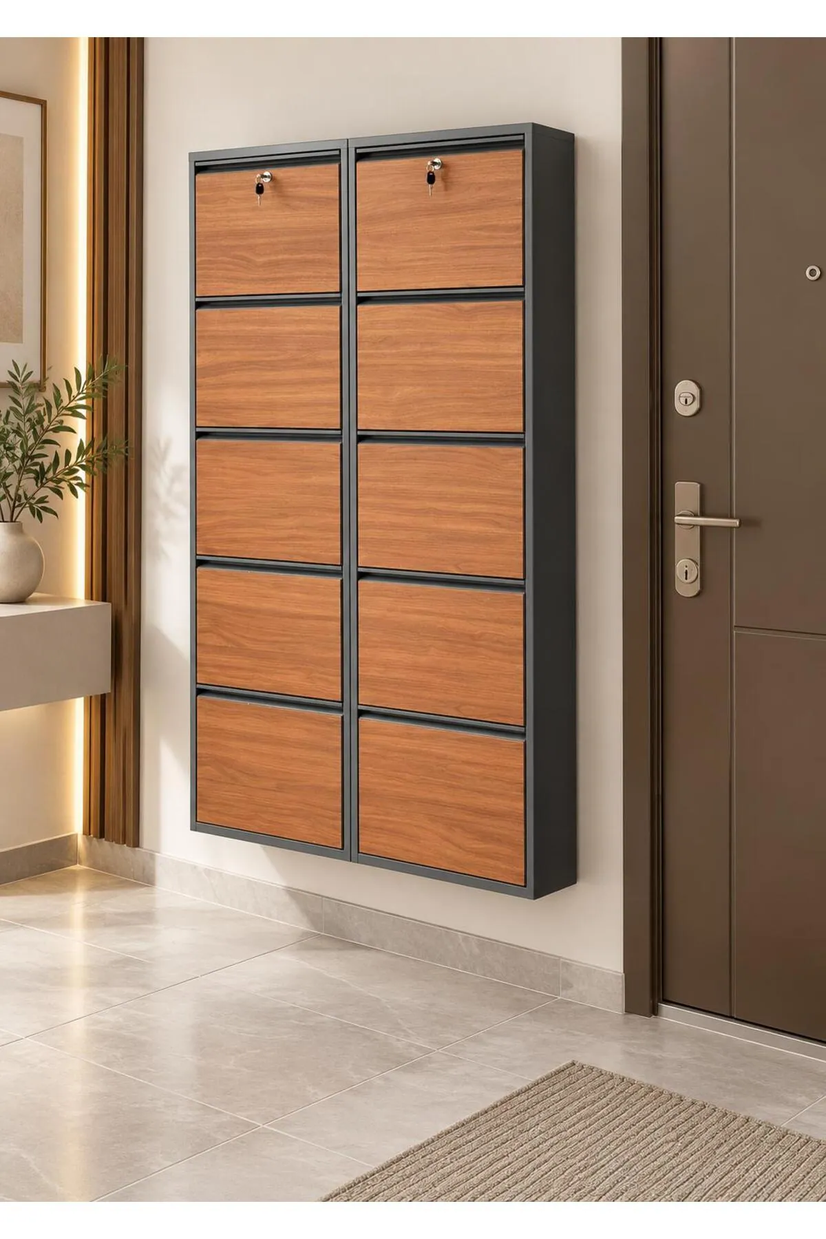 5+5-Door Lockable Anthracite Metal Shoe Cabinet with Kemence Wood-Effect Doors – 20 Pairs