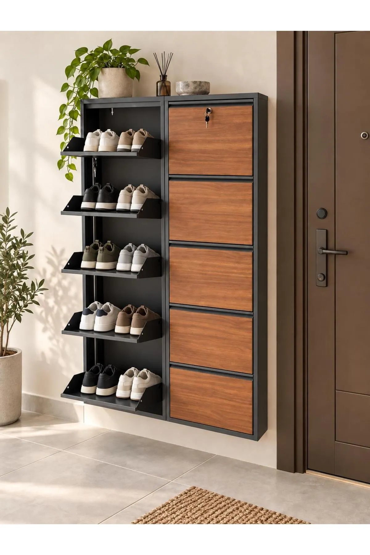 5+5-Door Lockable Anthracite Metal Shoe Cabinet with Kemence Wood-Effect Doors – 20 Pairs, view 3
