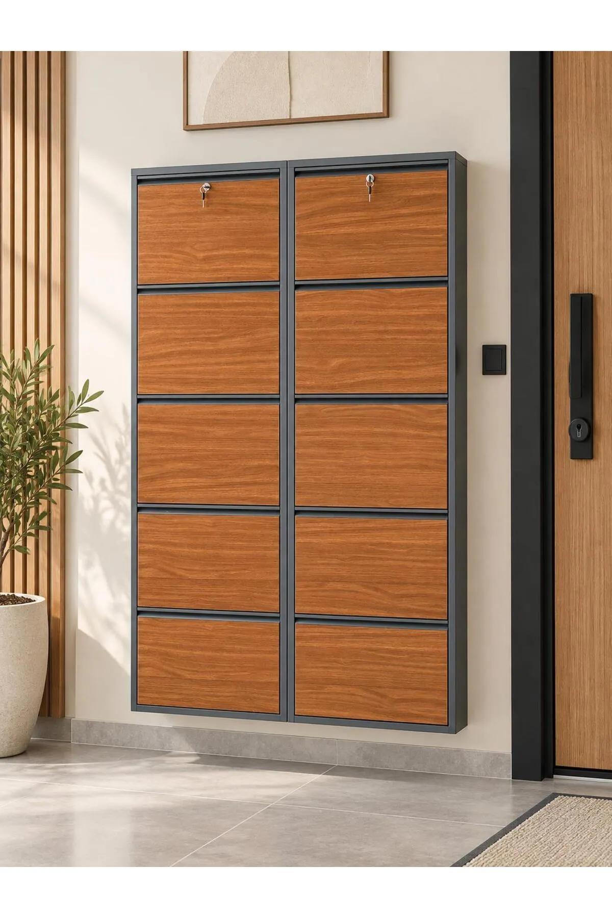 5+5-Door Lockable Anthracite Metal Shoe Cabinet with Kemence Wood-Effect Doors – 20 Pairs, view 4