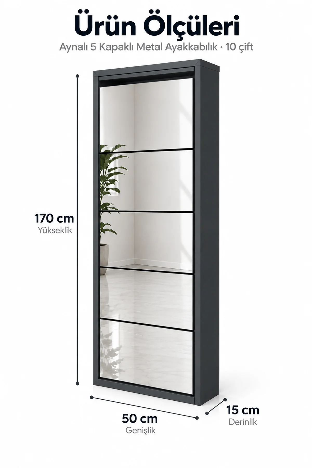 5-Door Anthracite Mirrored Metal Shoe Cabinet – 10 Pairs, view 4