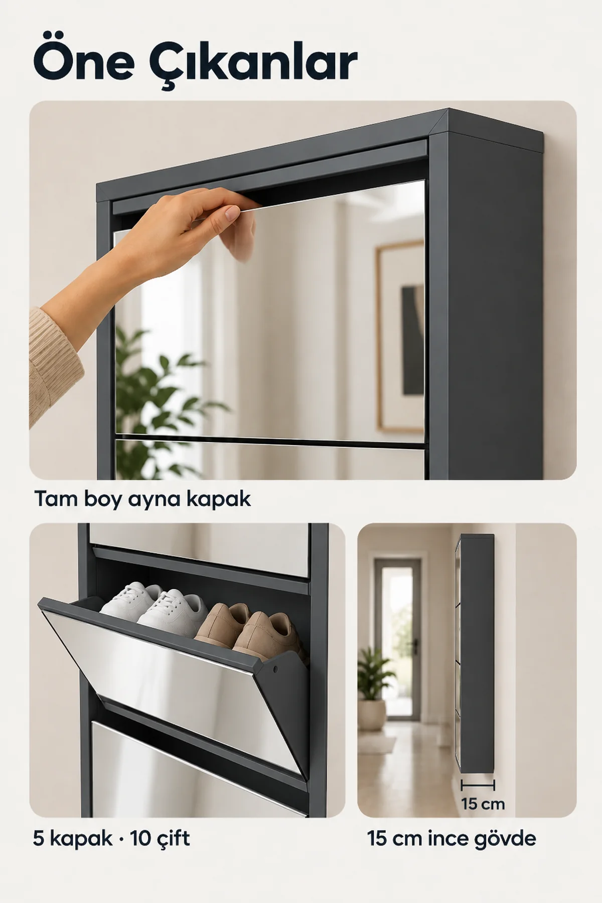 5-Door Anthracite Mirrored Metal Shoe Cabinet – 10 Pairs, view 5
