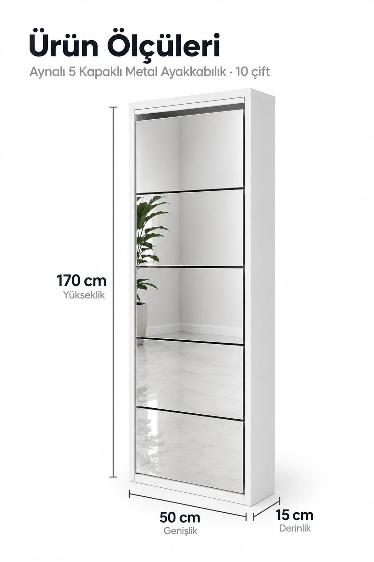5-Door White Mirrored Metal Shoe Cabinet – 10 Pairs, view 4