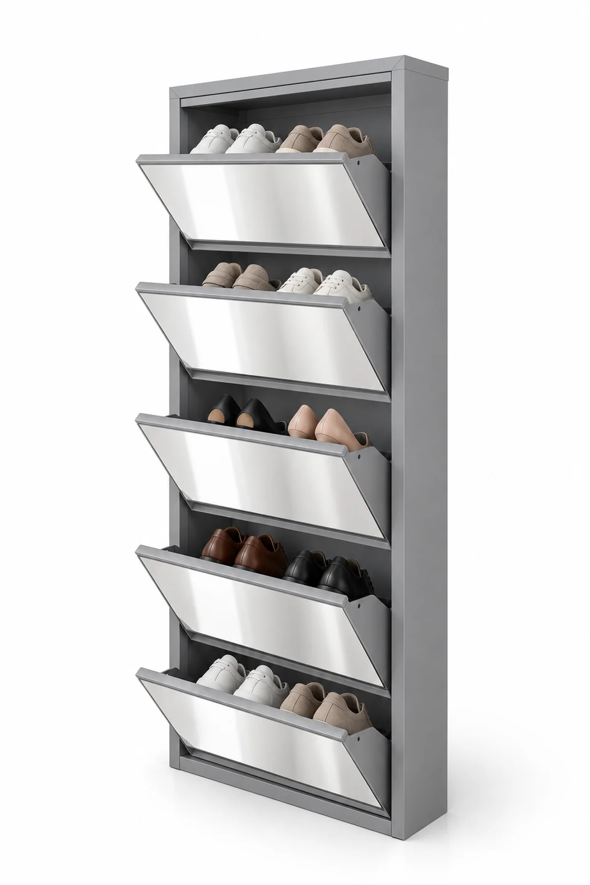 5-Door Grey Mirrored Metal Shoe Cabinet – 10 Pairs, view 3