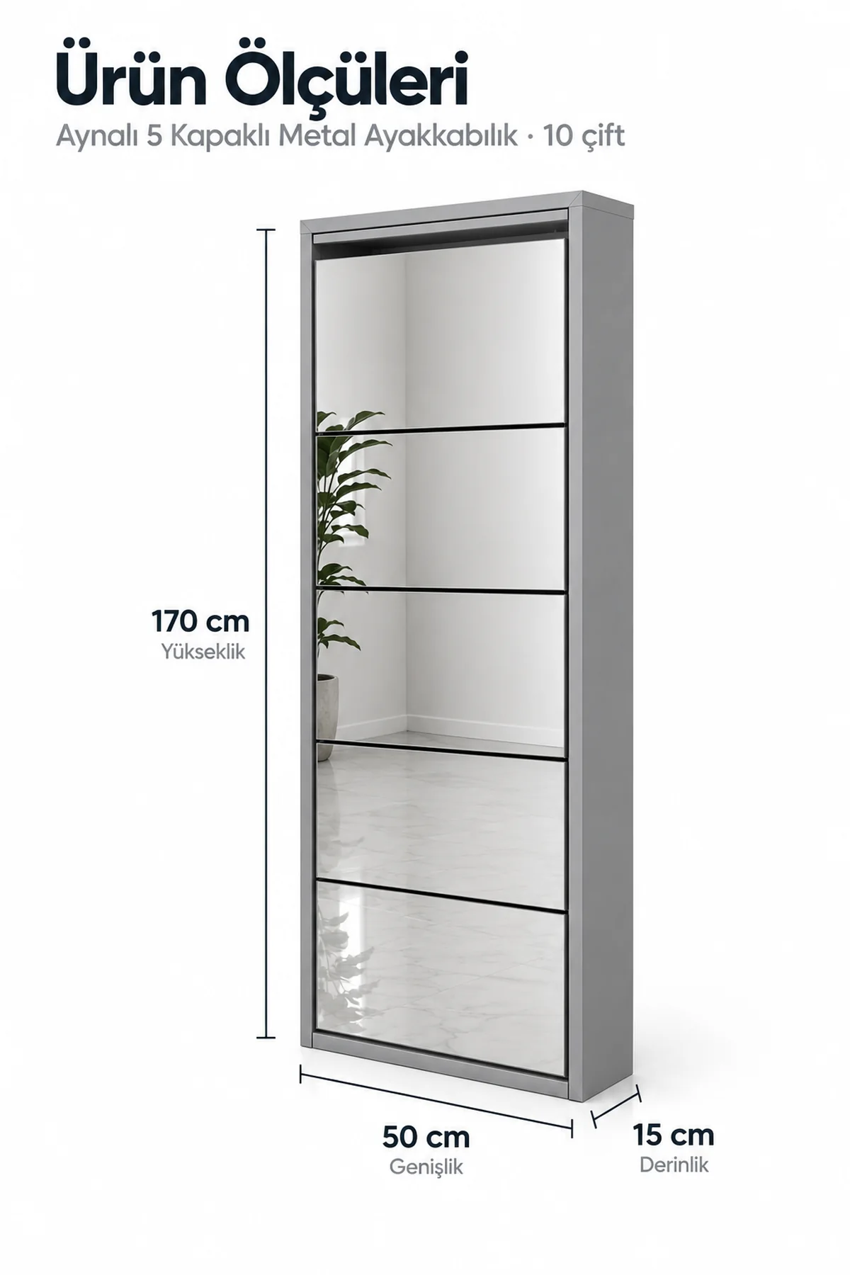 5-Door Grey Mirrored Metal Shoe Cabinet – 10 Pairs, view 4