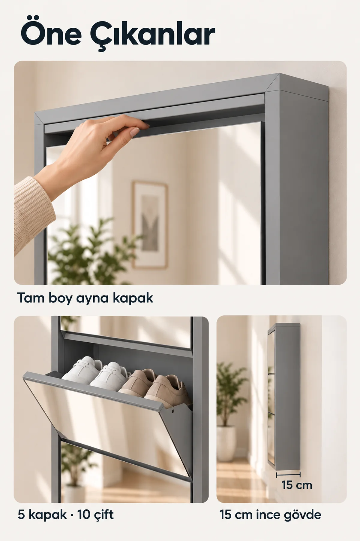 5-Door Grey Mirrored Metal Shoe Cabinet – 10 Pairs, view 5
