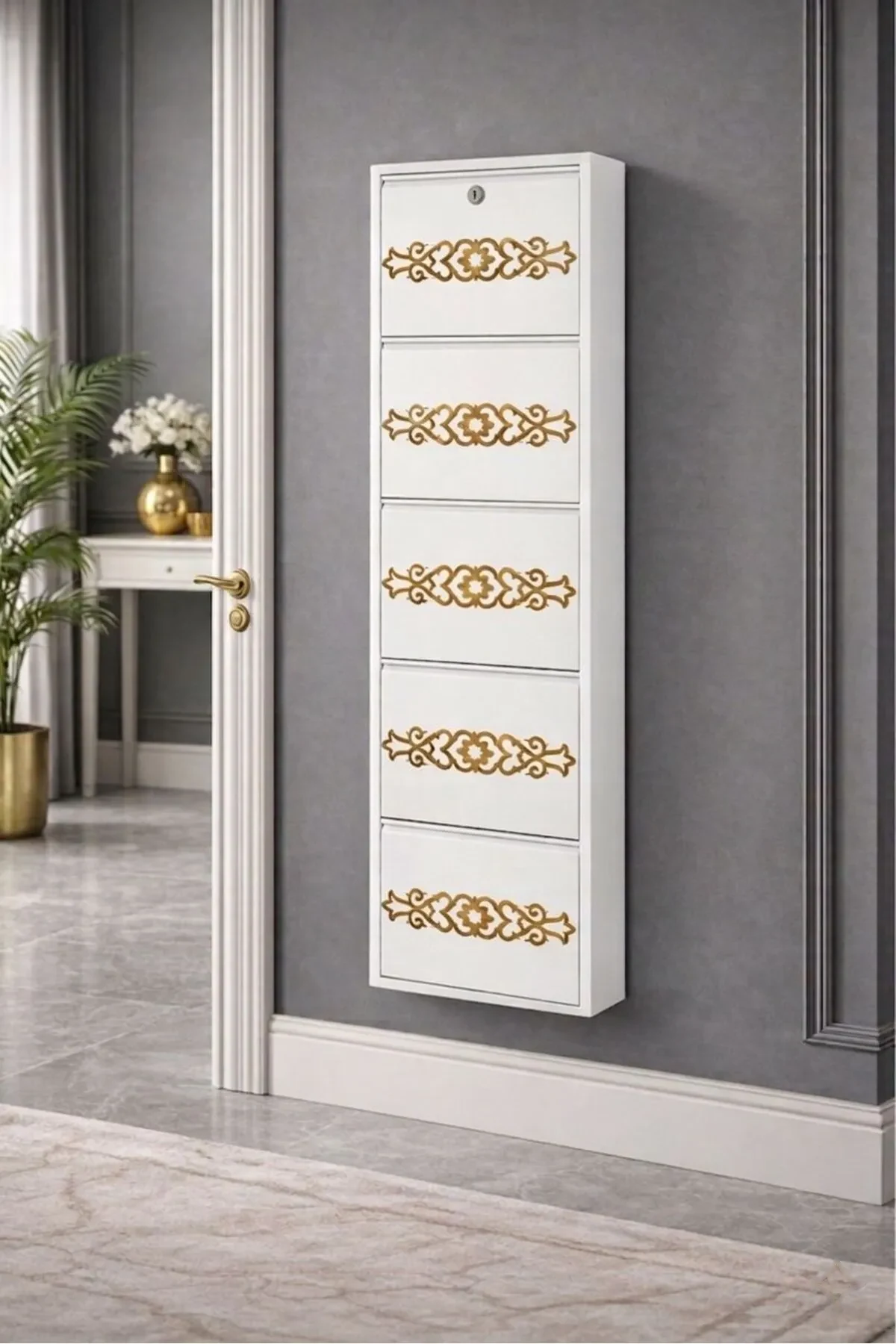 5-Door Lockable White Gold-Pattern Metal Shoe Cabinet – 10 Pairs