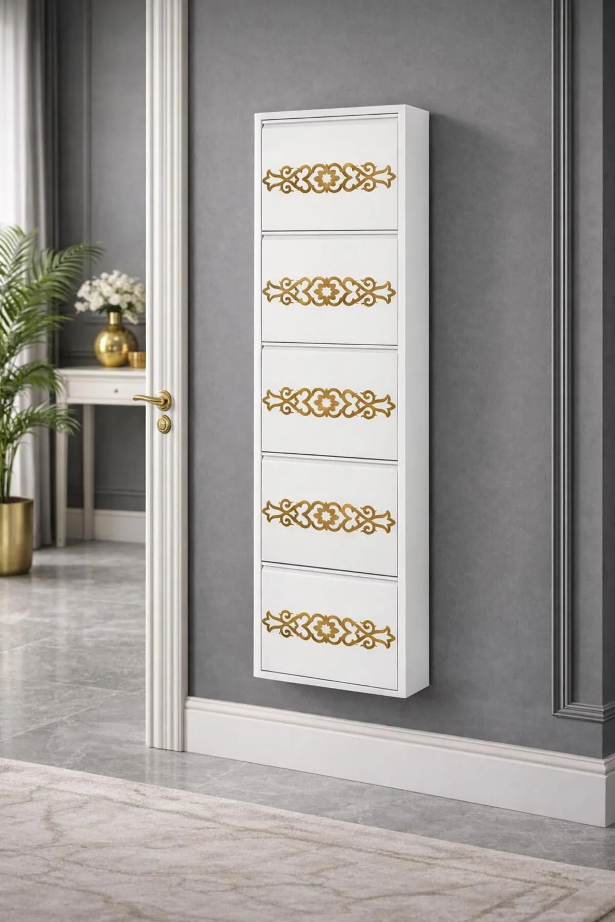 5-Door Lockable White Gold-Pattern Metal Shoe Cabinet – 10 Pairs, view 3