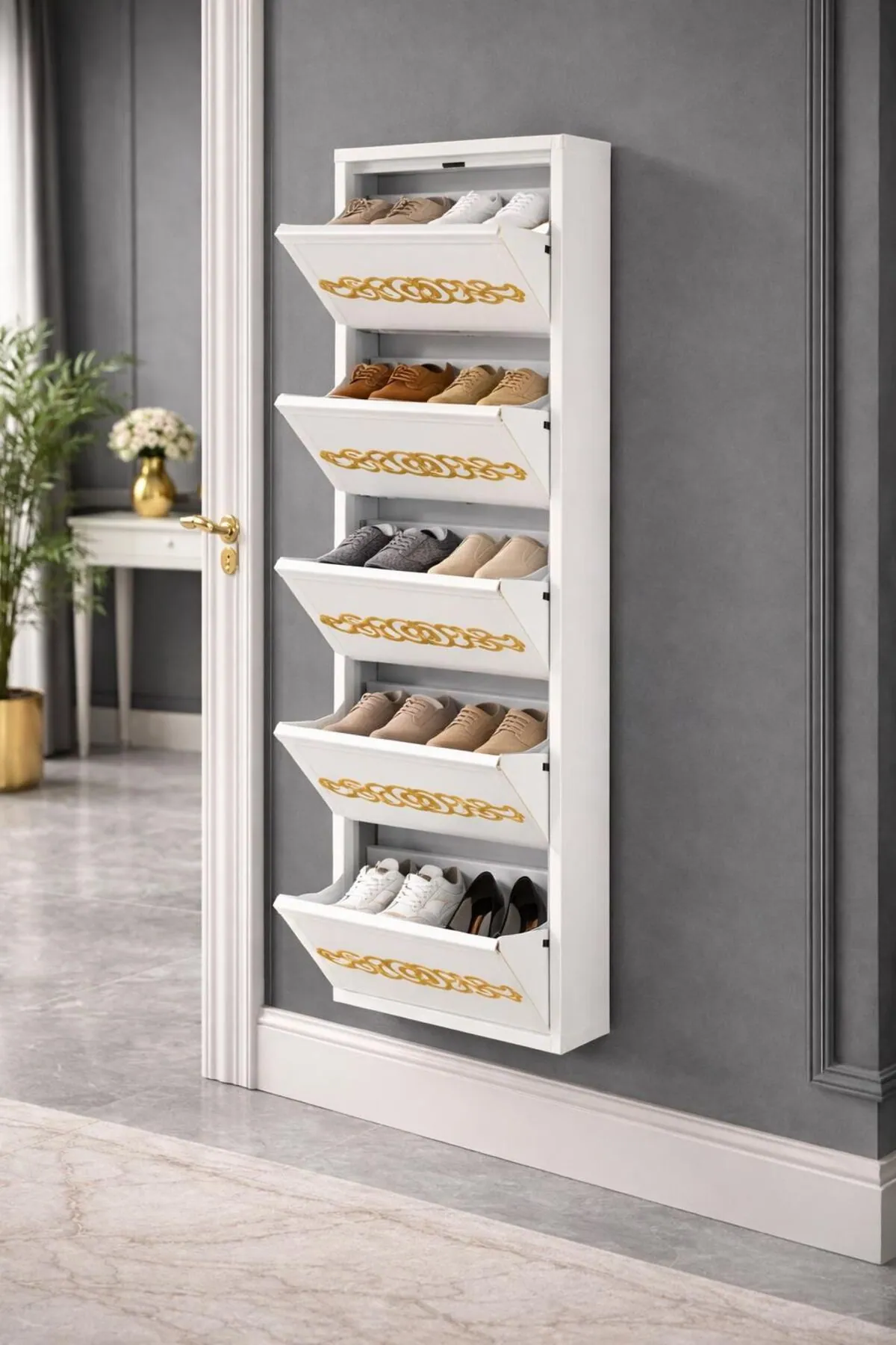 5-Door Lockable White Gold-Pattern Metal Shoe Cabinet – 10 Pairs, view 4